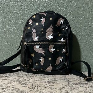 Black Mini Backpack with Metallic Unicorn Print - Women's Backpack